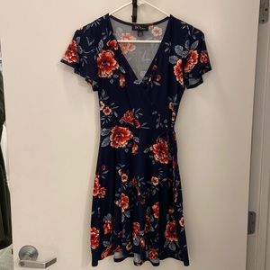 BCX Floral Faux-Wrap Flutter-Sleeve Dress